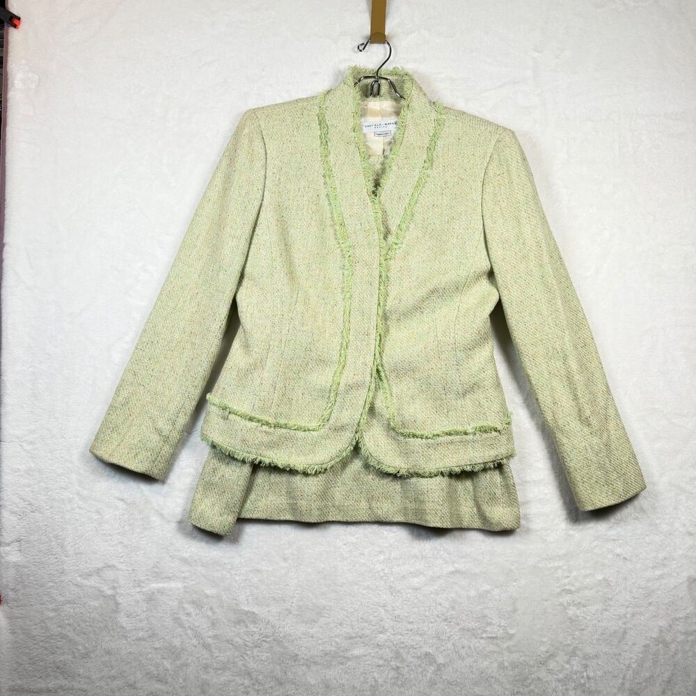 Garfield & Marks Petite Tweed Skirt Suit 8 10 Green Silk Blend Fringe USA Career